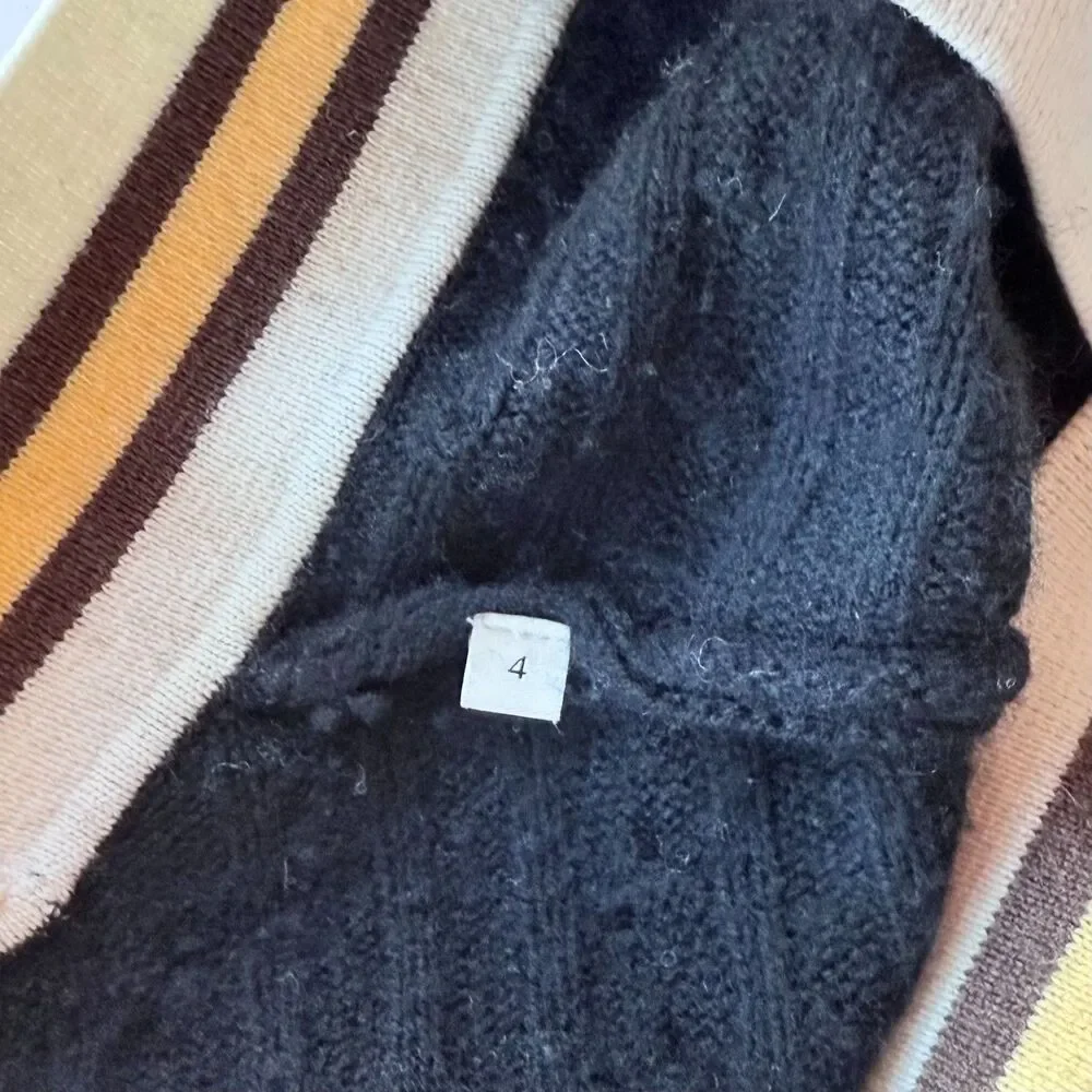 Sandro Contrast Stripe Cable Knit V-Neck Sweater in Navy White & Yellow Size 4 - Picture 10 of 15